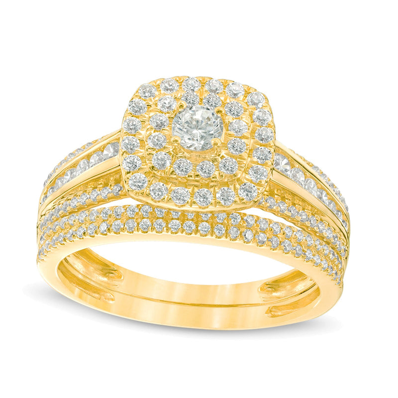 1.0 ct. Gesamtgewicht Diamant Braut-Set mit doppeltem Kissenschliff-Rahmen in 10K Gelbgold