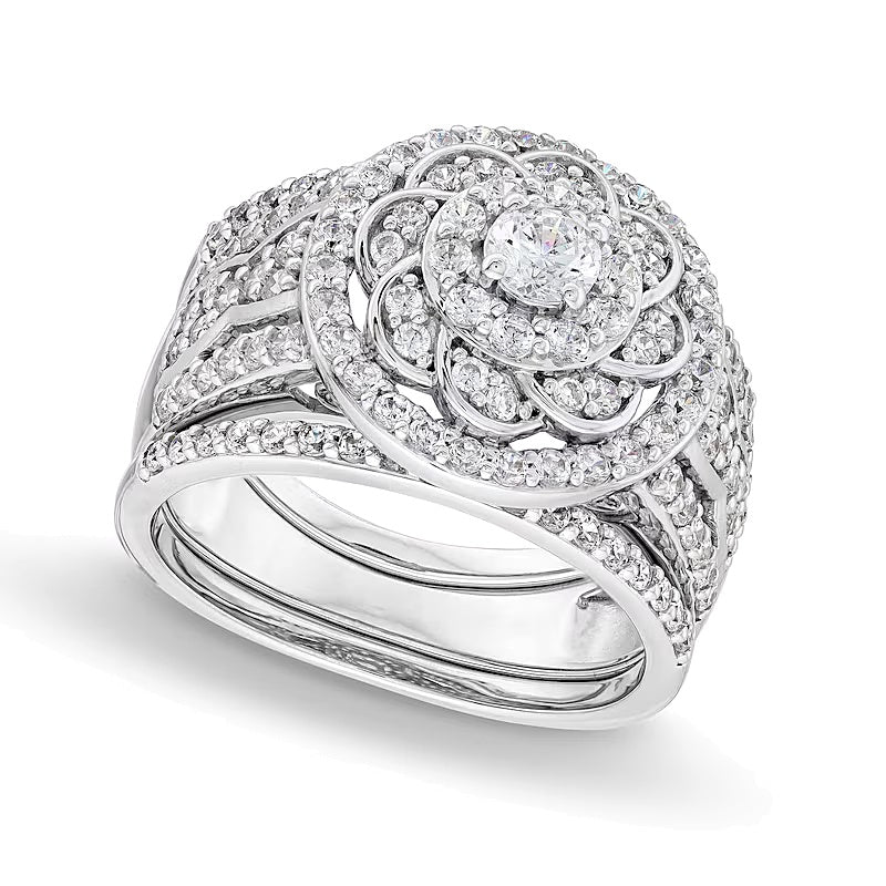 Brautset mit Diamanten 1.5 ct. Gesamtgewicht im keltischen Blumendesign mit Halo aus 10K Weißgold