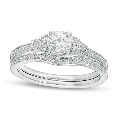 Braut-Set mit im Labor gezüchtetem weißem Saphir und 0,1 ct. Gesamtgewicht Diamanten in rhodiniertem Sterlingsilber