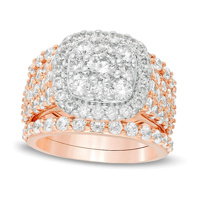 3.75 CT. TW Diamant Braut-Set dreiteilig mehrreihig mit doppeltem Kissenschliff-Rahmen in 10K Roségold