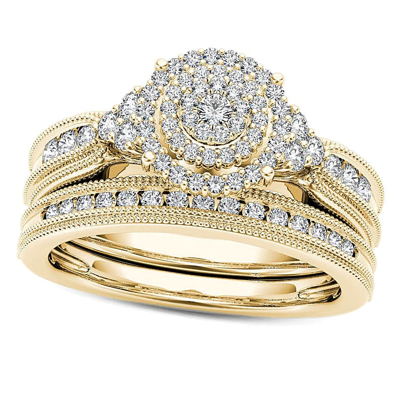 0.5 ct. Gesamtgewicht Diamant Brautset im Vintage-Stil mit dreifachem Rahmen in 10K Gelbgold