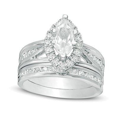 Braut-Set mit weißem Saphir im Marquise-Schliff und runden Labor-Saphiren in rhodiniertem Sterlingsilber