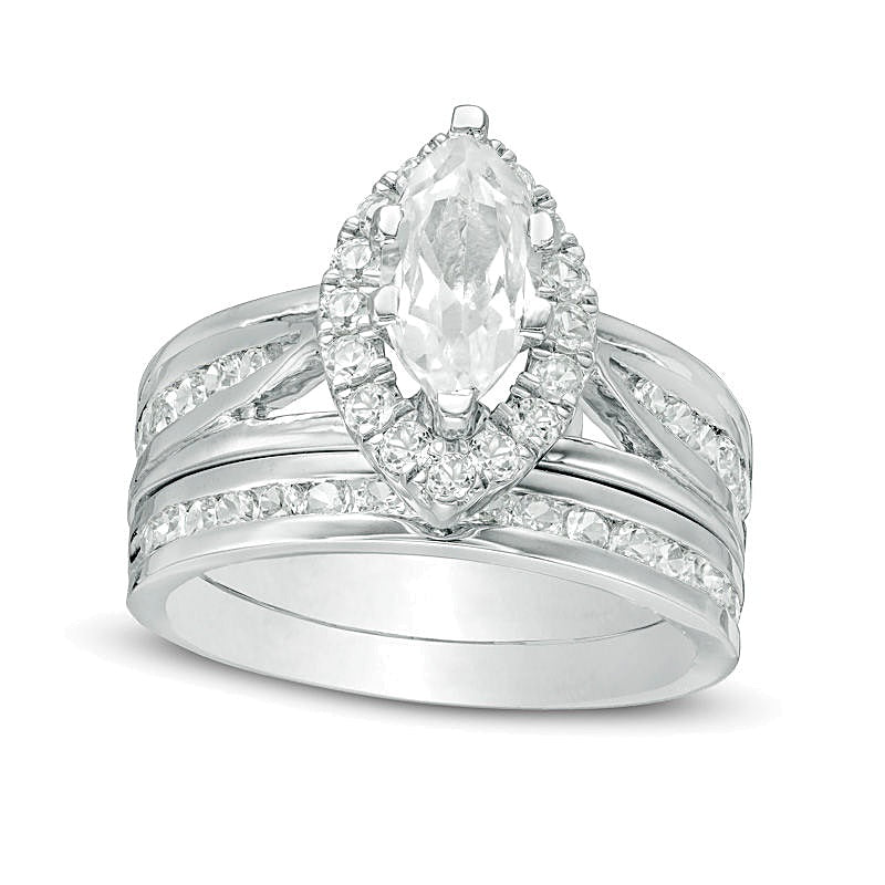 Braut-Set mit weißem Saphir im Marquise-Schliff und runden Labor-Saphiren in rhodiniertem Sterlingsilber