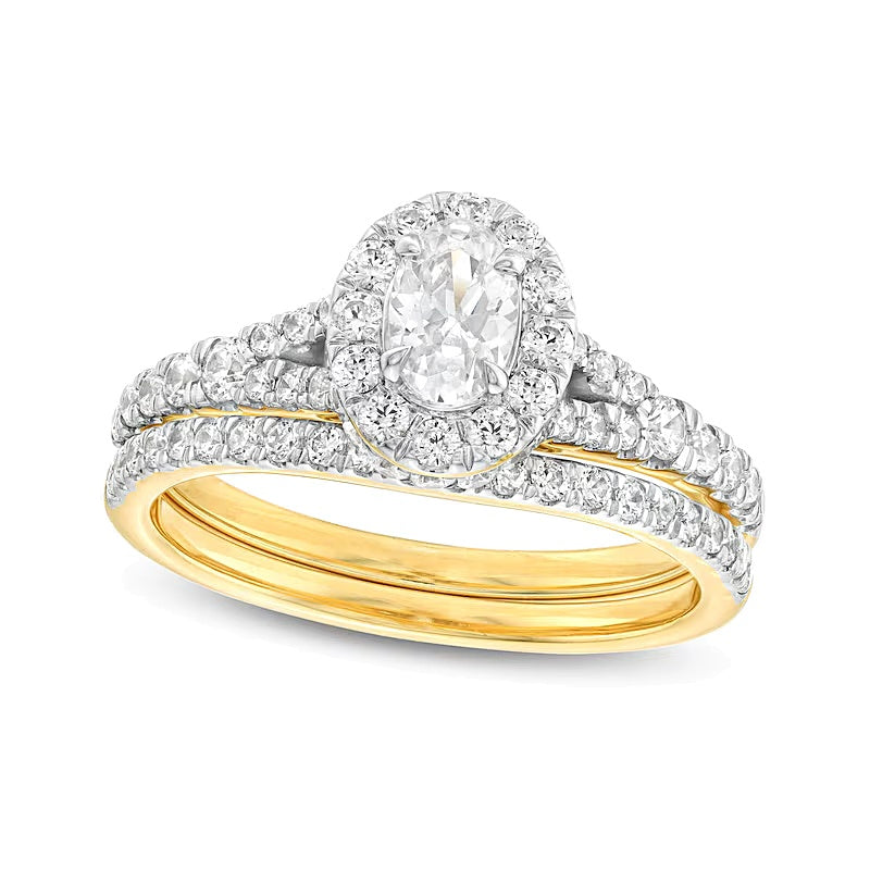 1.25 ct. Gesamtgewicht Braut-Set mit ovalem Diamant-Rahmen und geteilter Schiene in 14K Gelbgold