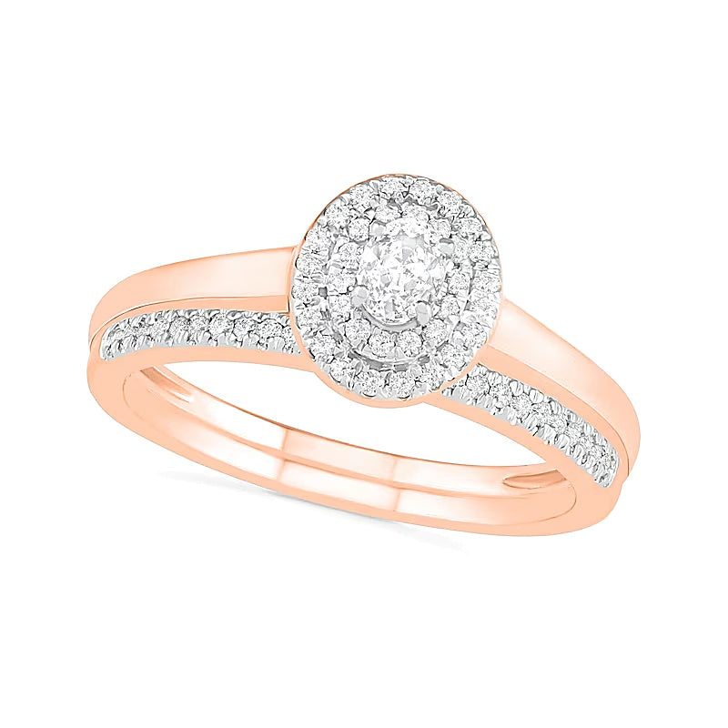 0.38 ct. Gesamtgewicht Braut-Set mit ovalem Diamant und doppeltem Halo in 10K Roségold