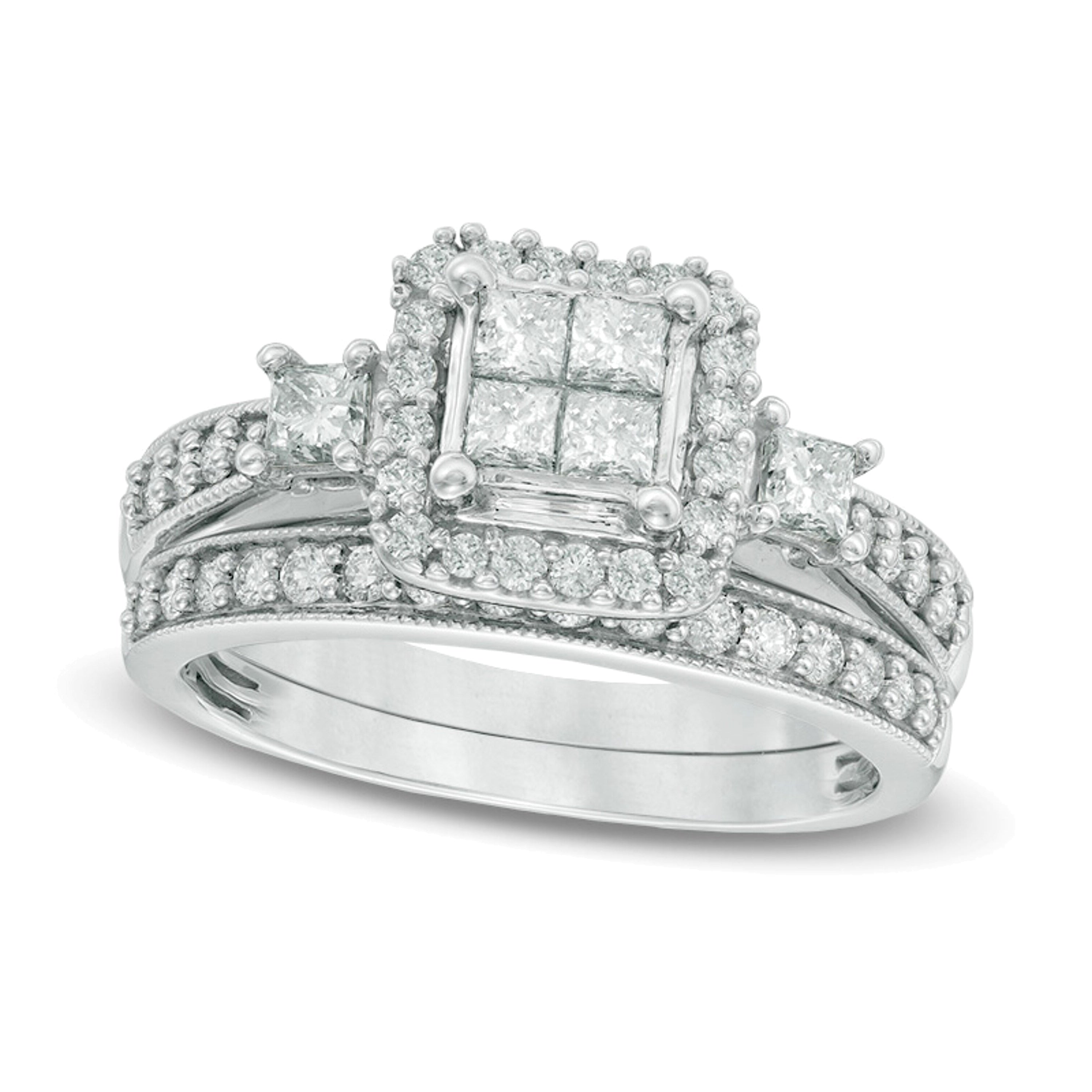 1.0 ct. Gesamtgewicht Brautset mit vier weißen Diamanten im Princess-Schliff in 10K Weißgold
