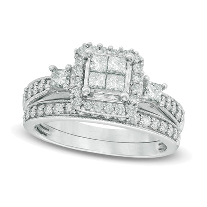 1.0 ct. Gesamtgewicht Brautset mit vier weißen Diamanten im Princess-Schliff in 10K Weißgold