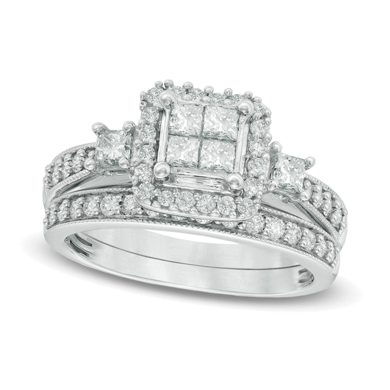 1.0 ct. Gesamtgewicht Brautset mit vier weißen Diamanten im Princess-Schliff in 10K Weißgold
