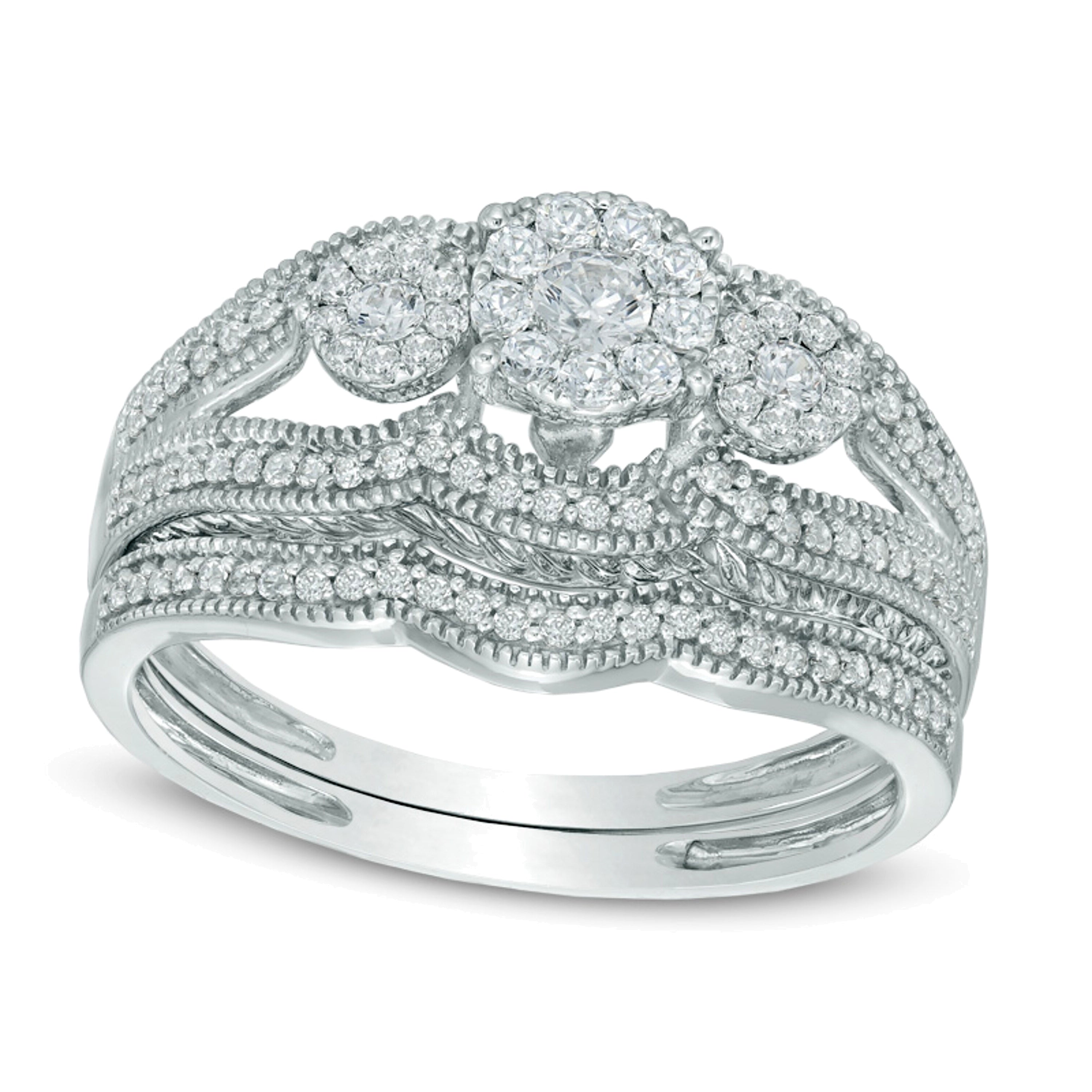 Braut-Set mit runden Diamanten im Dreistein-Design, 0.5 ct. Gesamtgewicht, in 10K Weißgold