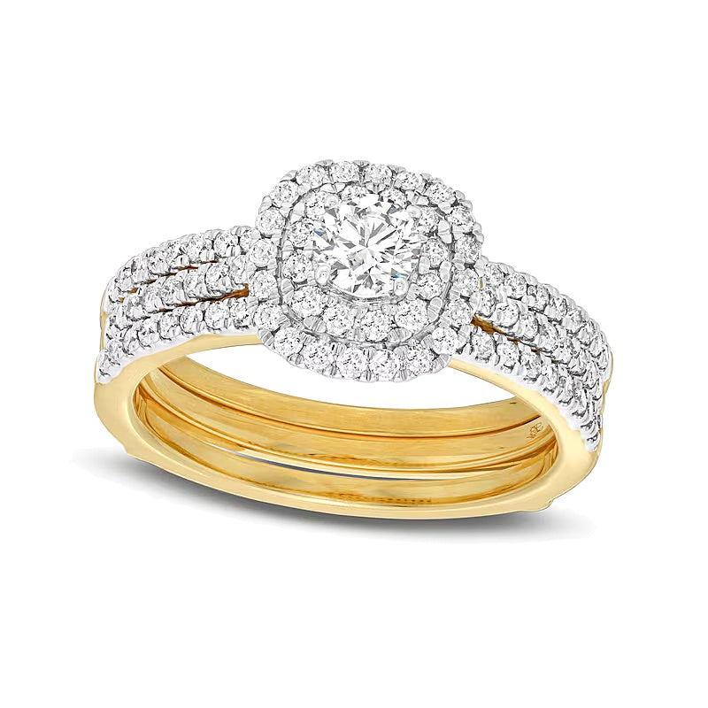 Brautset mit Diamanten 1.0 ct. Gesamtgewicht, rund, mehrreihig mit doppeltem Rahmen, in 10K Gelbgold