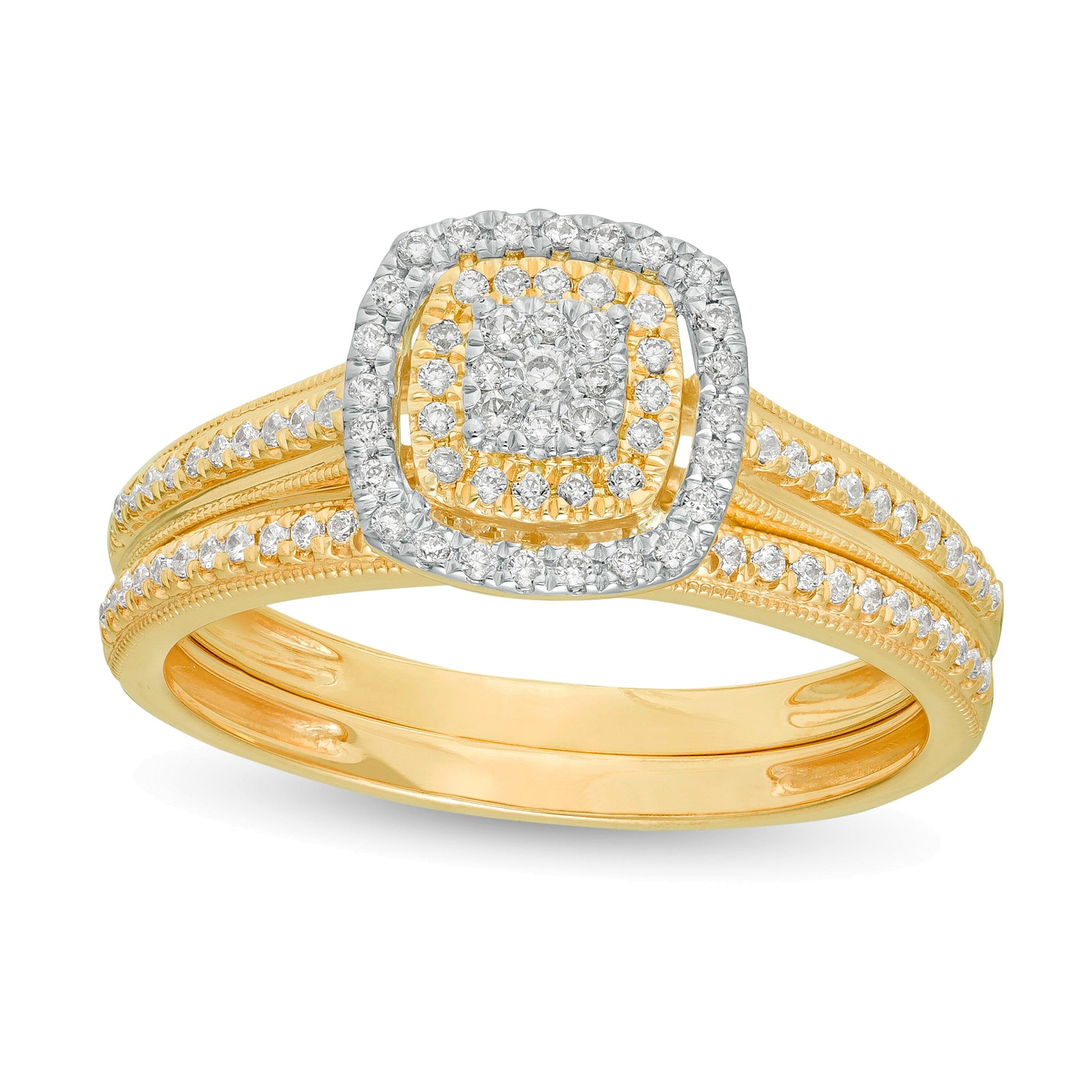 Brautset mit Diamanten im Komposit-Design, rund und im Kissenschliff, 0,33 ct. Gesamtgewicht, in 10K Gelbgold