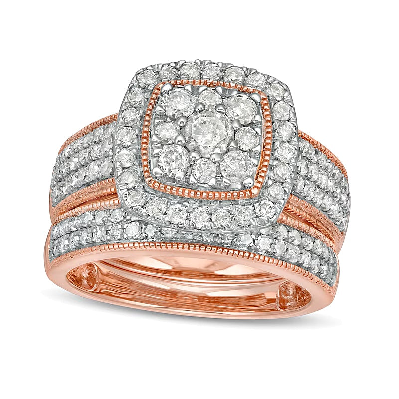 Braut-Set mit Diamanten im Kissenschliff und rund, Komposit, mehrreihig im Vintage-Stil, 1.33 ct. Gesamtgewicht, in 10K Roségold