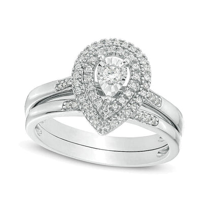 0,25 ct. Gesamtgewicht Diamant Brautset mit doppeltem tropfenförmigem Rahmen in rhodiniertem Sterlingsilber