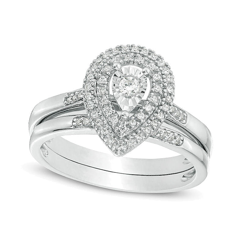 0,25 ct. Gesamtgewicht Diamant Brautset mit doppeltem tropfenförmigem Rahmen in rhodiniertem Sterlingsilber