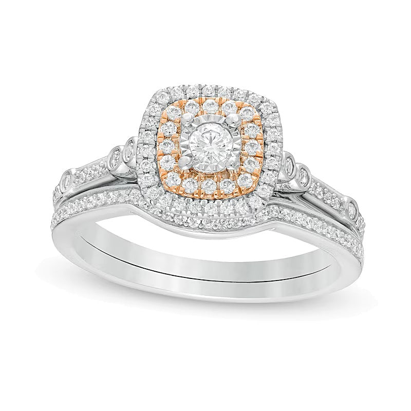 Braut-Set mit Komposit-Diamanten im Kissenschliff-Doppelrahmen 0,38 ct. Gesamtgewicht in 10K Bicolor-Gold