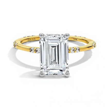 3.33 CT. TW Solitär mit seitlichem Besatz Verlobungsring mit Labordiamant im Smaragdschliff in 14K Gelbgold (F/VS2)