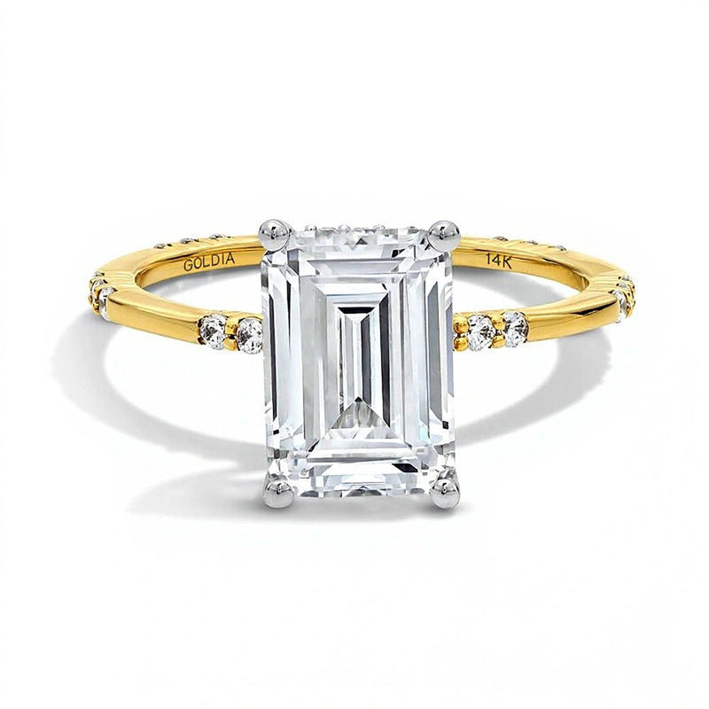3.33 CT. TW Solitär mit seitlichem Besatz Verlobungsring mit Labordiamant im Smaragdschliff in 14K Gelbgold (F/VS2)