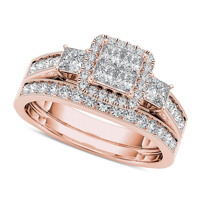 Braut-Set mit weißen Diamanten im Princess- und Rundschliff, 1.0 ct. Gesamtgewicht, in 14K Roségold
