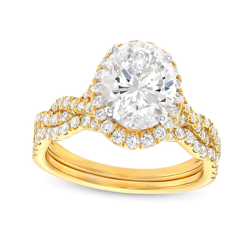 2.63 CT. Gesamtgewicht Braut-Set mit ovalem Labordiamant, Twist-Ring und Halo in 14K Gelbgold (I/SI2)