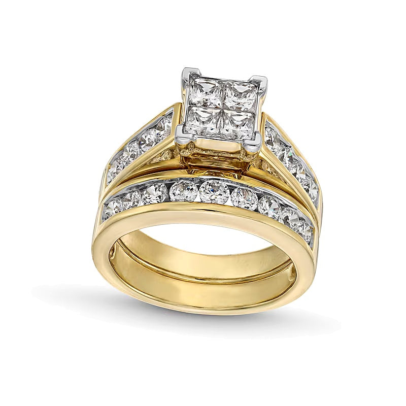 2.0 ct. Gesamtgewicht Brautset mit Diamanten im Princess- und Rundschliff in 14K Gelbgold