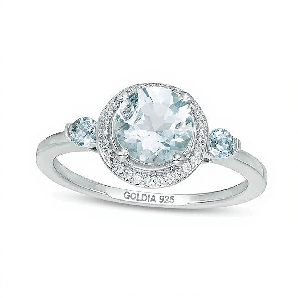 Ring mit Aquamarin und Diamanten 0,17 ct. Gesamtgewicht im Halo aus rhodiniertem Sterlingsilber 925