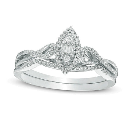 0,13 ct. Gesamtgewicht Komposit-Diamant-Braut-Set mit Marquise-Rahmen und Twist-Design aus rhodiniertem Sterlingsilber