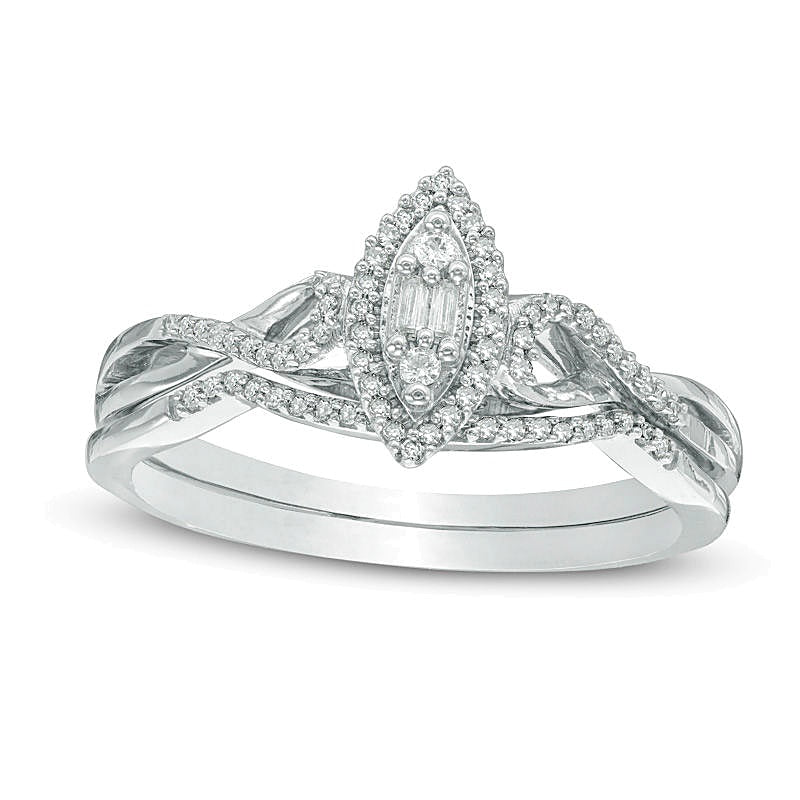 0,13 ct. Gesamtgewicht Komposit-Diamant-Braut-Set mit Marquise-Rahmen und Twist-Design aus rhodiniertem Sterlingsilber