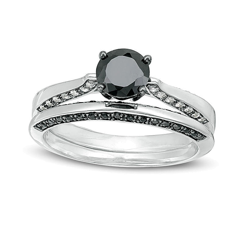 0.88 ct. Gesamtgewicht Brautset mit schwarzen und weißen Diamanten im Solitär-Stil in 10K Weißgold
