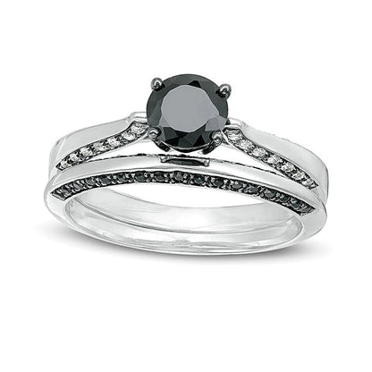 0.88 ct. Gesamtgewicht Brautset mit schwarzen und weißen Diamanten im Solitär-Stil in 10K Weißgold