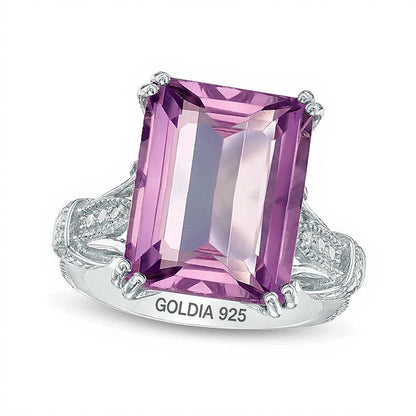Cocktail-Ring mit Amethyst im Smaragdschliff und Diamant-Besatz in rhodiniertem Sterlingsilber
