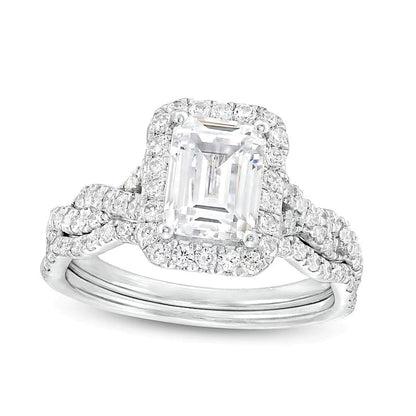 Braut-Set 2.63 ct. Gesamtgewicht Labordiamant im Smaragdschliff mit Halo und gedrehter Ringschiene in 14K Weißgold (I/SI2)