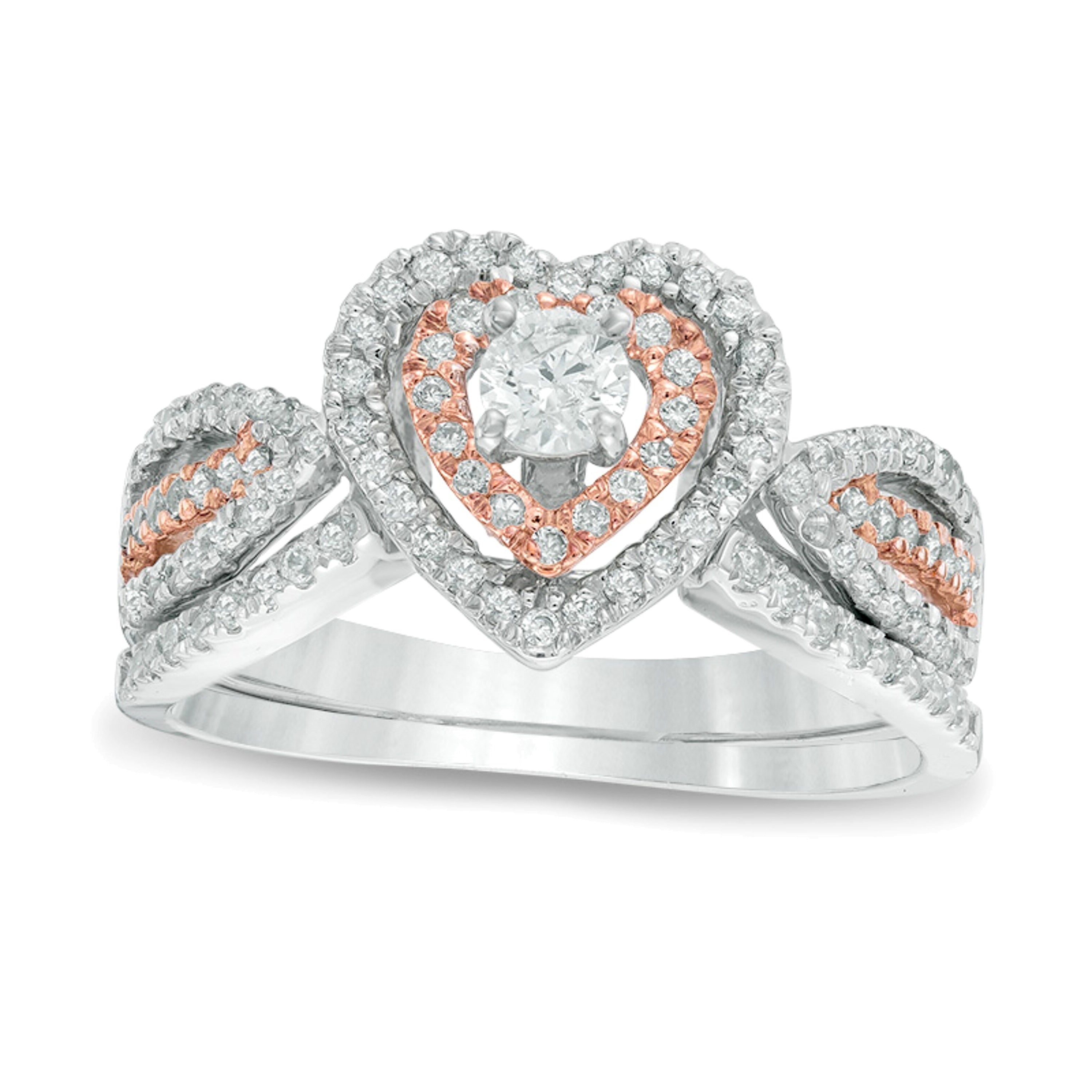0.63 ct. Gesamtgewicht Diamant Brautset mit doppeltem Herzrahmen in 10K Bicolor Gold