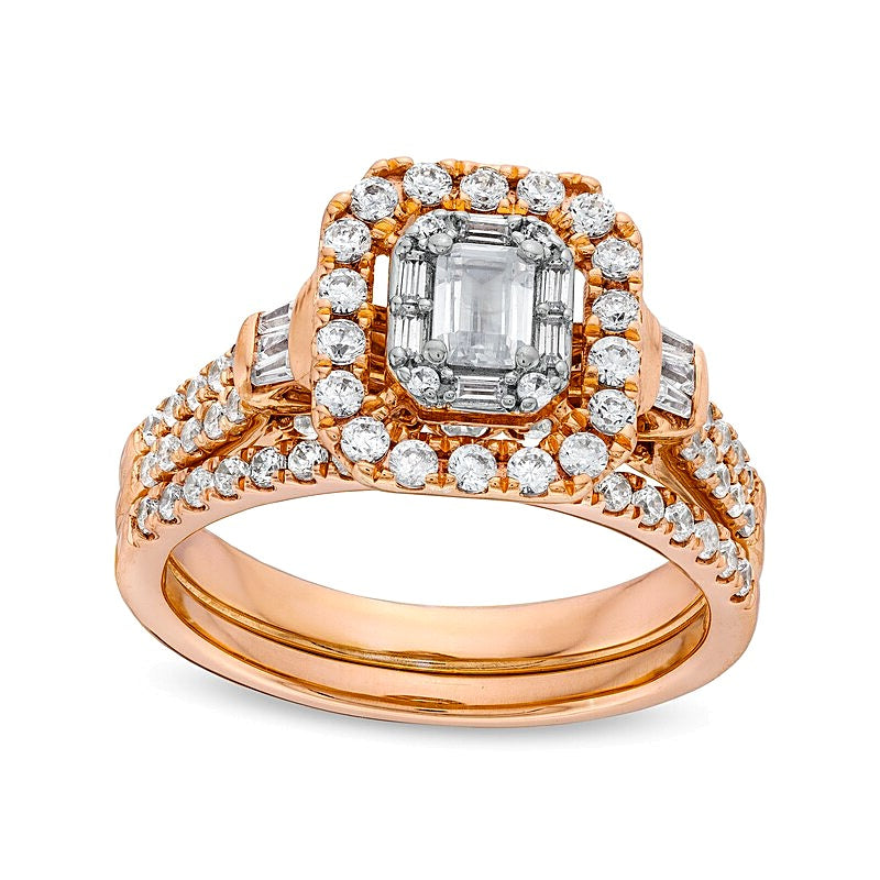 Braut-Set mit Diamanten im Smaragdschliff, zweireihig, 1.0 ct. Gesamtgewicht, in 10K Roségold