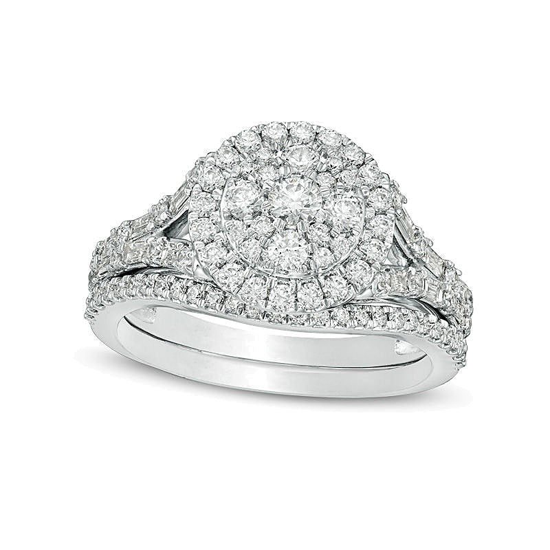 Braut-Set mit weißen Diamanten im Rund- und Baguetteschliff, 1.0 ct. Gesamtgewicht, in 10K Weißgold