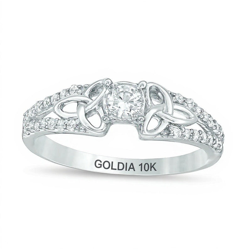 0.33 ct. Gesamtgewicht Diamant-Verlobungsring mit keltischen Knoten und geteiltem Ringschienen-Design als Solitär mit seitlichem Besatz in 10K Weißgold