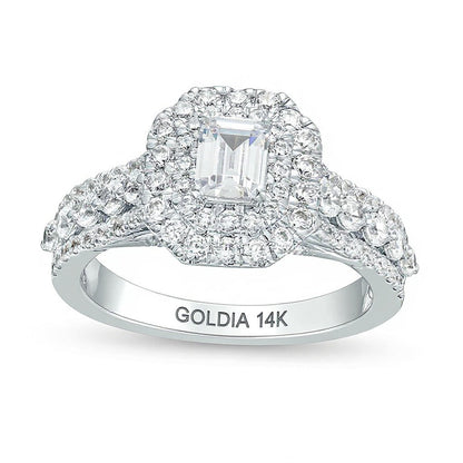 1.5 CT. Gesamtgewicht Labordiamant im Smaragdschliff Halo-Verlobungsring aus 14K Weißgold (F/VS2)