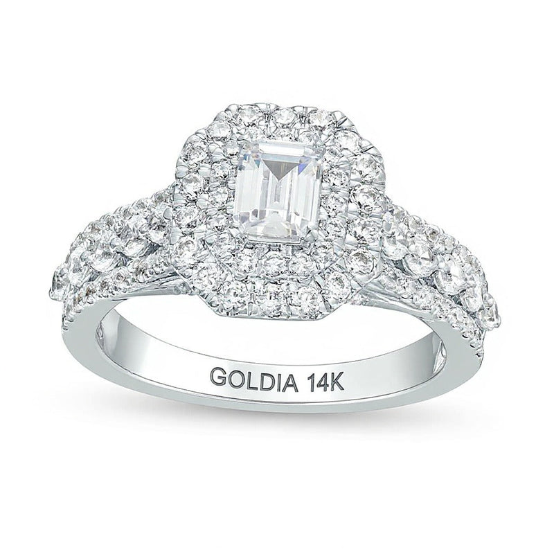 1.5 CT. Gesamtgewicht Labordiamant im Smaragdschliff Halo-Verlobungsring aus 14K Weißgold (F/VS2)