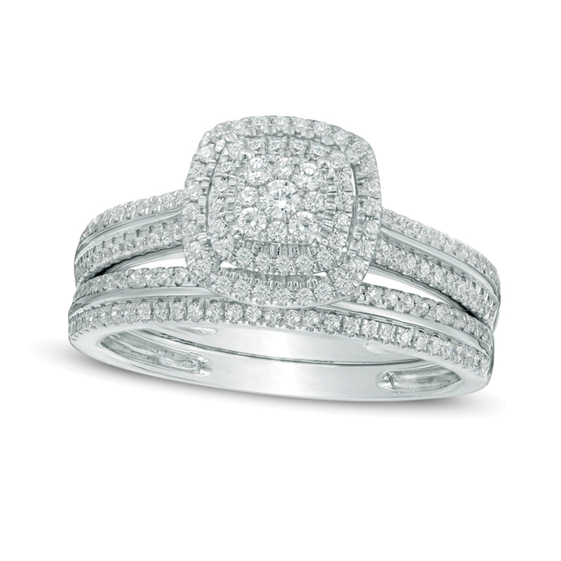 0.5 ct. Gesamtgewicht Multi-Diamant Braut-Set mit doppeltem quadratischem Rahmen in 10K Weißgold