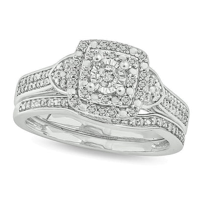 0,33 ct. Gesamtgewicht Diamant-Brautset mit doppeltem quadratischem Rahmen in rhodiniertem Sterlingsilber