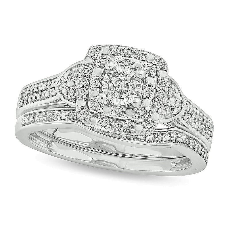 0,33 ct. Gesamtgewicht Diamant-Brautset mit doppeltem quadratischem Rahmen in rhodiniertem Sterlingsilber
