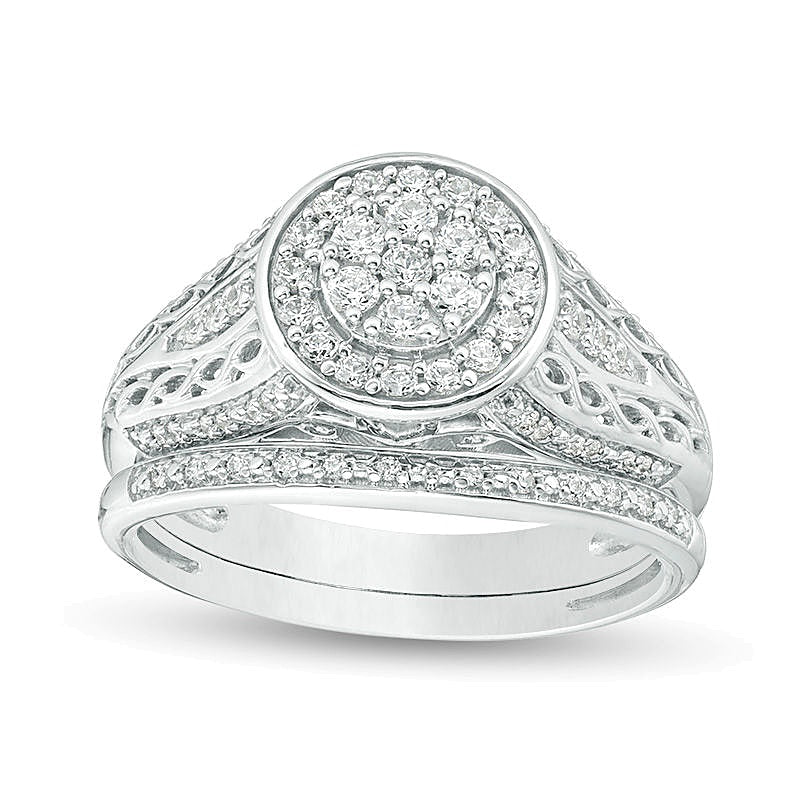 Braut-Set mit Komposit-Diamanten 0.5 ct. Gesamtgewicht, rund, Doppel-Rahmen mit Filigranarbeit, in rhodiniertem Sterlingsilber
