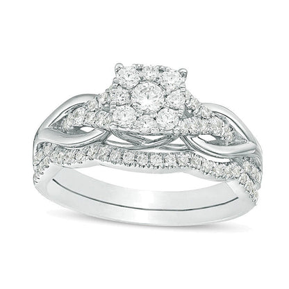0.63 ct. Gesamtgewicht Diamant Braut-Set mit quadratischem Rahmen und Knoten-Ringschiene in 14K Weißgold