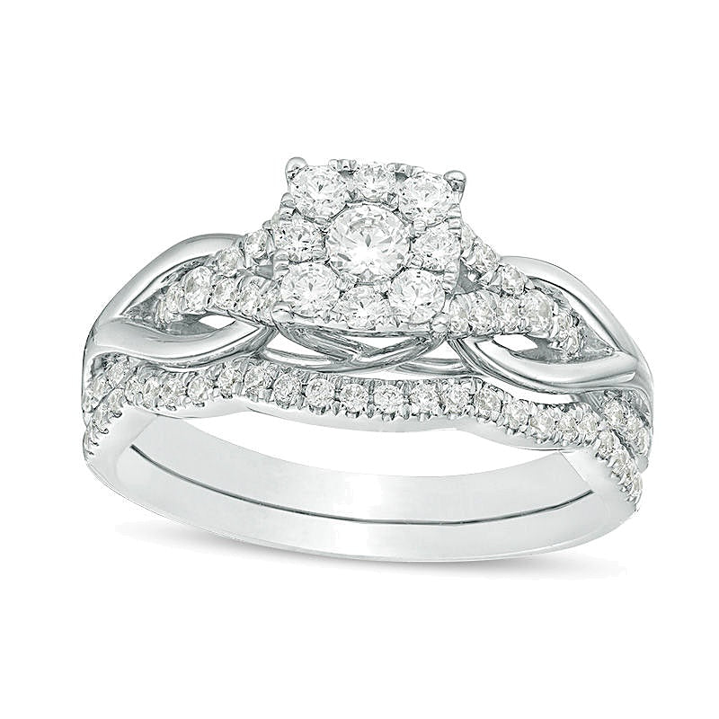 0.63 ct. Gesamtgewicht Diamant Braut-Set mit quadratischem Rahmen und Knoten-Ringschiene in 14K Weißgold