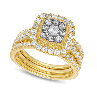 Brautset mit weißen Diamanten im Kissenschliff und Rundschliff, 1.5 ct. Gesamtgewicht, in 10K Gelbgold