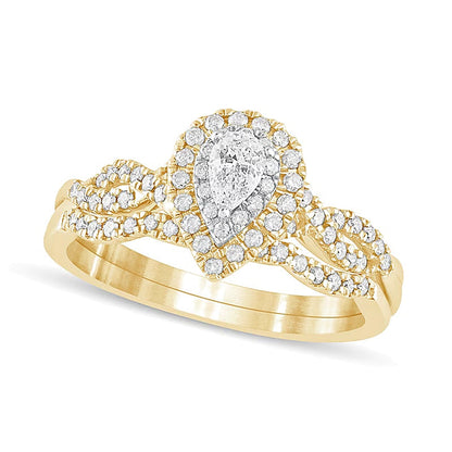 0.5 ct. Gesamtgewicht Braut-Set mit tropfenförmigen Diamanten, mehrreihig, doppelter Halo, in 10K Gelbgold