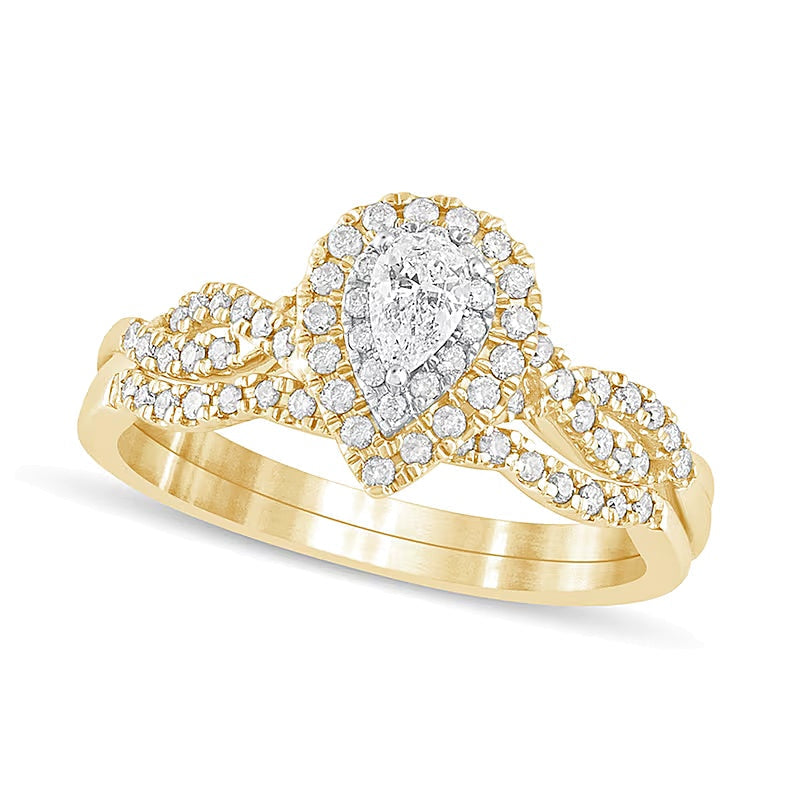 0.5 ct. Gesamtgewicht Braut-Set mit tropfenförmigen Diamanten, mehrreihig, doppelter Halo, in 10K Gelbgold