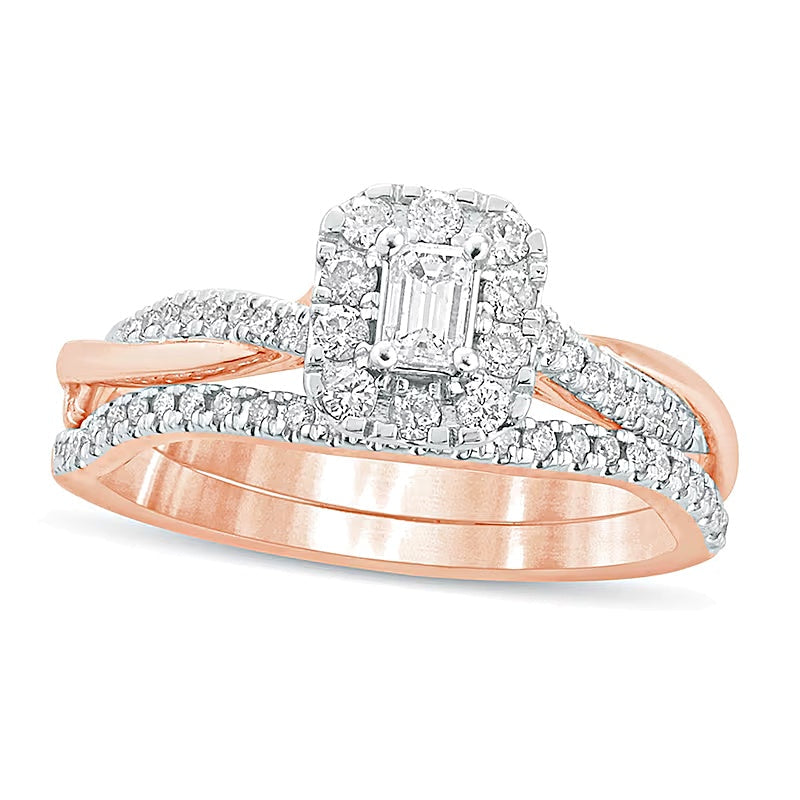 Braut-Set mit weißen Diamanten im Smaragdschliff 0,5 ct. Gesamtgewicht in 10K Roségold