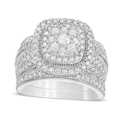 Brautset mit Diamanten im Kissen- und Rundschliff im Vintage-Stil, 1.33 ct. Gesamtgewicht, in 10K Weißgold