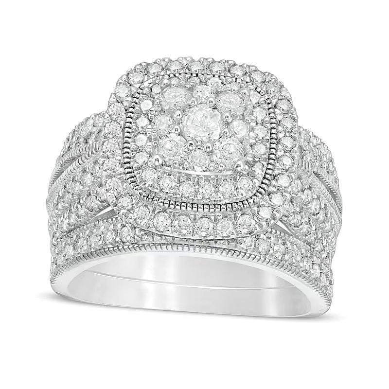 Brautset mit Diamanten im Kissen- und Rundschliff im Vintage-Stil, 1.33 ct. Gesamtgewicht, in 10K Weißgold