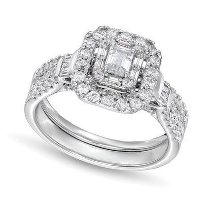 Braut-Set mit Diamanten im Smaragdschliff, zweireihig, 1.0 ct. Gesamtgewicht, in 10K Weißgold